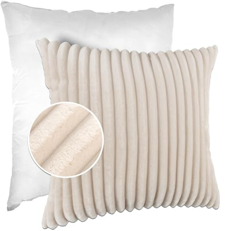 Dekokissen Kissenbezug Sofakissen Pillow Plüsch Kuschelkissen Zierkissen Cord Kissen Couchkissen Kord Kissenhülle ultraweich gestreift Lilli 40x40cm mit Füllung Elfenbein