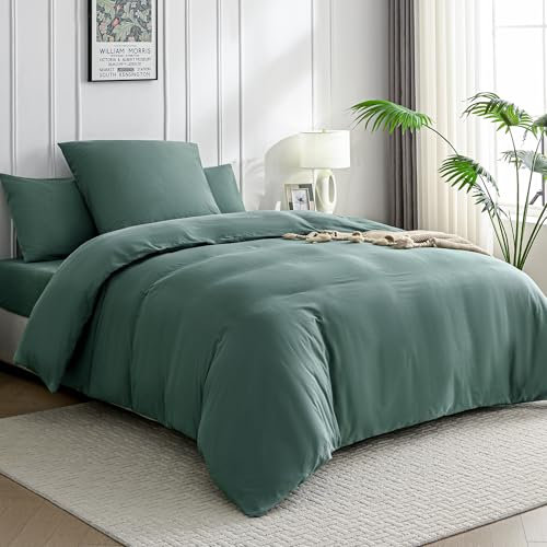 JELLYMONI Bettwäsche 155x220 Baumwolle Bettwäsche-Sets Dunkelgrün Oeko-Tex 100% Gewaschene Baumwolle Bettbezug mit Reißverschluss und Kissenbezug 80X80 mit Umschlag Weich 2-Teilige Bettwäsche