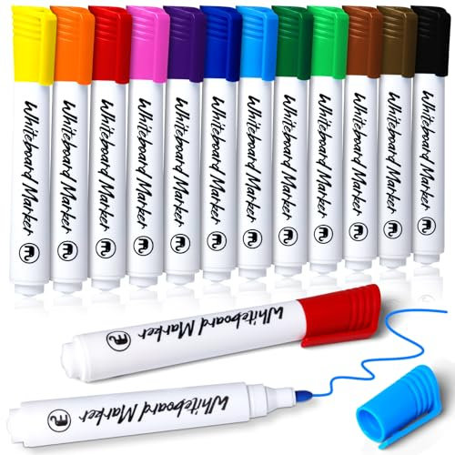 Reaeonat Whiteboard Markers, 12 Pack Dry Erase Bullet Tip White Board Pens Vivid Colour Ink Marker Pen for Home, School & Office Uses