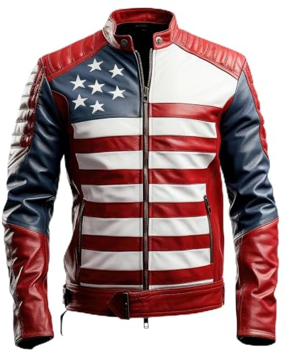 Sumairah Herren-Motorrad-Jacke mit Reißverschluss, inspiriert von amerikanischer Flagge, mit USA-Flagge, Echtlederjacken