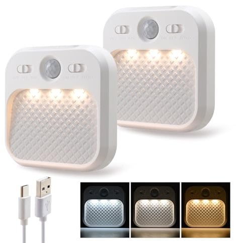 Led Nachtlicht mit Bewegungsmelder 2 Stück, Schrankleuchte Dimmbare mit Timerfunktion, Treppenbeleuchtung 3 Farbtemperatur 3000/4500/6000K, Flurlicht Wiederaufladbar 600mAh für Kinderzimmer