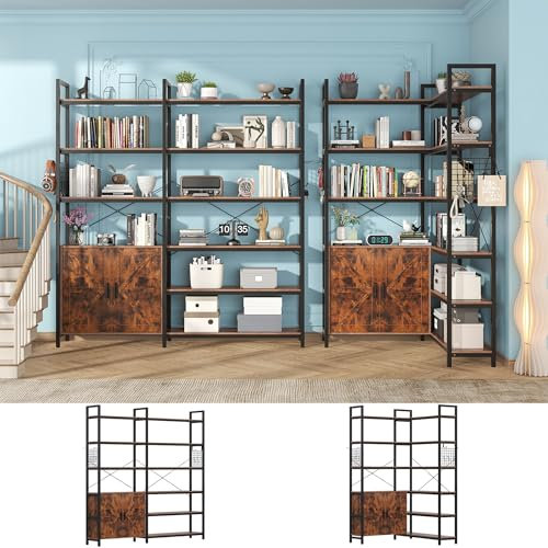 Nosepen 6 Tire Large L Shaped Bookshelf & Corner Bookcase with Storage Cabinet and 2 Barn Doors and 10 Storage Shelves, 71.3 Tall Farmhouse Etagere L Shaped Book-Shelf with Metal Frame(Brown)