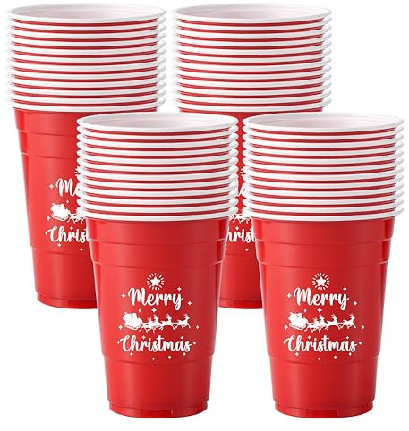 Komonee 48 x Christmas Red Cups 16oz 500ml Wide Rimmed Disposable American Xmas Party Cups USA Adult Novelty Plastic Glass Design 1