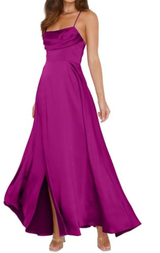 Vestido de dama de honor de satén, extralargo, con tirantes delgados, vestidos de invitada de boda, fucsia, 48