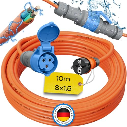 maxgo Camping Adapter Schuko auf CEE – 230V 16A 3x1,5 H07BQ-F Kabel 10m | Robustes H07BQ-F Adapterkabel Made in Germany für Camping, Wohnmobil, Wohnwagen und Boot mit CEE Stecker und Schuko Kupplung