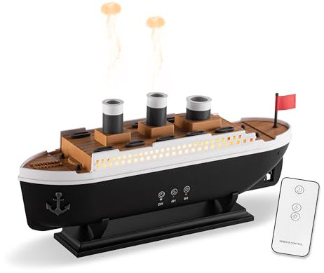 LONYIABBI Steamship Difusor de aceites esenciales, humidificador de aromaterapia con control remoto, luces LED de 7 colores, 2 modos de niebla, temporizador y apagado automático para el hogar,