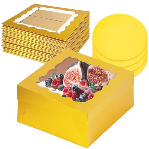 Gcardist 30,5x30,5x15,2cm Kuchenbox, 5 Sets Goldene Tortenkarton mit Fenster & 5 Sets 30,5cm Goldene Kuchenrunde Bretter, 30,5 cm Kuchenbehälter (12x12x6 inch)