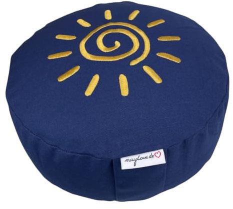 maylow Yoga mit Herz® Hochwertige Meditationskissen Stickerei Shanti Sonne Bezug waschbar Innenkissen Bio-Dinkelspelzen Ø33 cm H: 15cm (Personalisierung nach Wunsch) (blau, H:15cm)