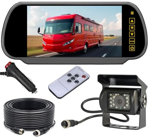 4Pin 7 Inch Rear View Mirror Monitor +18LEDs Night Vision Waterproof Reversing Backup Camera with 15M(49ft) Cable for 12V-24V Truck Caravam Trailer Motorhome
