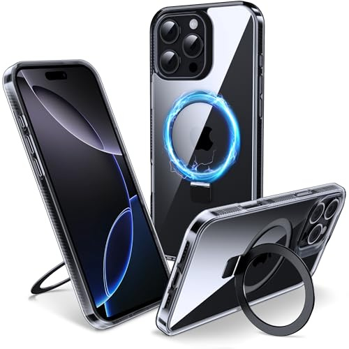 Flyzoo Magnetic Kickstand Case for iPhone 16 Pro, [Compatible with MagSafe & Invisible Ring Stand Holder] [Non-Yellowing & Shockproof] Clear Transparent Hard Silicone Edge Cover, 6.3'', Clear Black