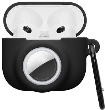 kwmobile 2-in1 Hülle kompatibel mit Apple AirPods 3 - Kopfhörer Case kompatibel mit Airtag - Weiches Silikon Cover - Schutzhülle mit Karabiner - Schwarz