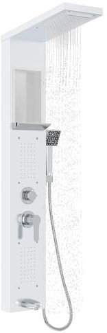 TANYEAR Pannello doccia a pioggia 5 in 1 funzioni, sistema doccia, colonna doccia in acciaio inox, set completo per doccia con doccetta, montaggio a parete, colore bianco
