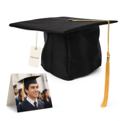 NOLITOY Adjustable Black Graduation Cap with Yellow Tassel for Adults | Black Polyester Mortar Board, Adjustable Head Circumference, Yellow Tassel Detail, For College Ceremonies and Fancy Dress