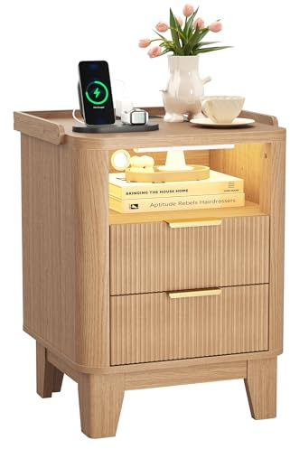 Quikraen 50cm width Bedside Table with Charging Station&Sensor LED Light | Fluted Log Color Bedside Table with with 2 Drawers, 2 AC outlets, 1 USB ports and 1 Type-C port for Living Room, Bedroom
