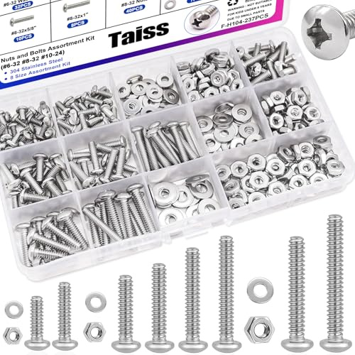 Taiss Machine Screws Nuts and Bolts Assortment Kit,304 Stainless Steel Bolts and Nuts Kit,#6-32#8-32#10-24 8 Sizes Phillips Pan Head Bolt and Nut & Washers,237PCS Machine Screw Assortment