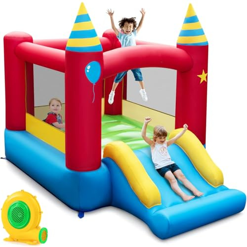 Maxmass Kids Bounce House, Inflatable Bouncy Castle with Carry Bag and Slide, Indoor Outdoor Children Jumping House Blow up Castle for 3-10 Years Old (Birthday Theme with Blower)