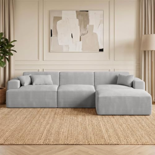 skølm Freki Cloud Couch aus Cord, 3-Sitzer, Grau, 3 Kissen, mit Hocker | L-Form Ecksofa, Vollschaumcouch mit Federkern & Vakuum-Kompression, 320 cm breit, kein Aufbau erforderlich, Wohnzimmersofa