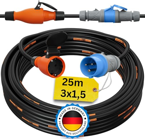 CEE auf Schuko Adapter 25m Camping Stromkabel TITANEX 3x1,5 Landstromkabel Wohnmobil Wohnwagen Kabel Camping Adapter 25 Meter Strom Verlängerungskabel CEE-Stecker Campingstecker