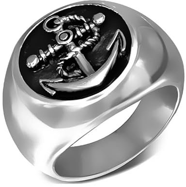 BOBIJOO JEWELRY - Bague Chevalière Ronde Homme Acier Inoxydable Argenté Ancre Marine Rétro Chic - 21 (11 US)