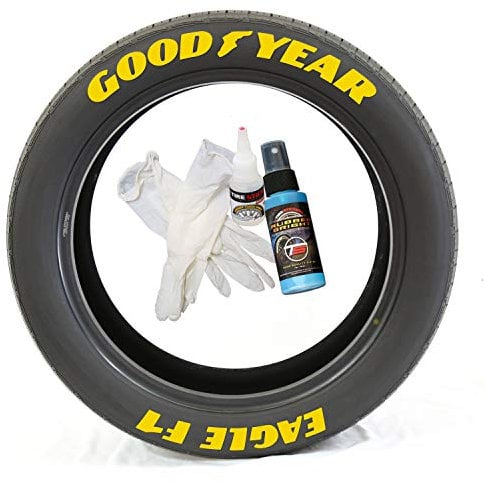 Tire Stickers Goodyear Eagle F1 – DIY Permanent Rubber Tire Lettering Kit with Glue / NASCAR Style / 17-18 Inch Wheels / 1.25 Inch Yellow / 8 Pack