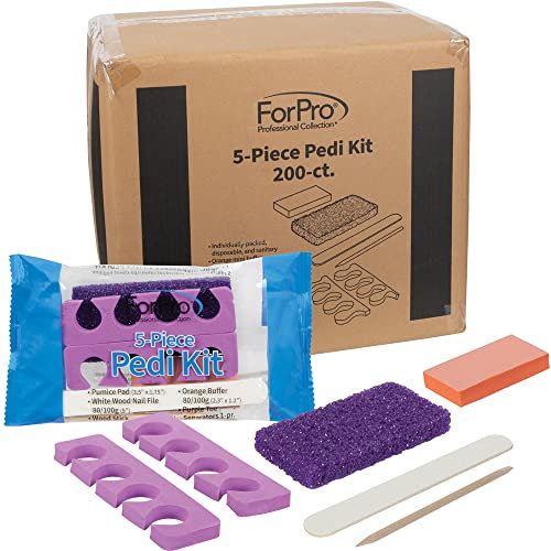 ForPro - Kit de pedicura de 5 piezas, 200 unidades, juego de pedicura empaquetado individualmente, almohadilla pómez morada, lima de uñas de madera grano 80/100, mini pulidor de grano 80/100, palo de