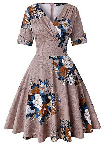 MINTLIMIT Women's V-Neck Floral Half Sleeve Midi Fit Flare Retro Dress Cocktail Dresses (Floral Khaki,Size XL)