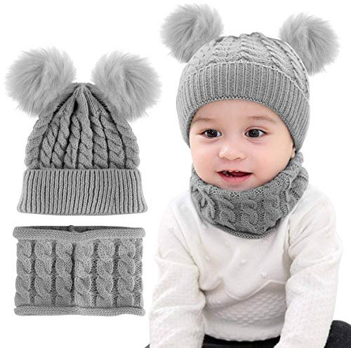 CheChury Warme Winter Mütze Schal Kinder Sets Baby Mädchen Beanie Hut Jungen Strickmütze mit Bommel Babymütze Schlupfmütze für 0-3 Jahre Kinder-B-Grau-One Size