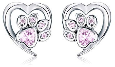 Ohrstecker für Mädchen Damen Silber Hundepfote Herz Rosa Zirkonia Ohrringe