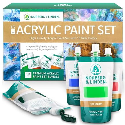 Norberg & Linden LG15 Ensemble de peinture acrylique haut de gamme - Grandes sachets couleurs hautement pigmentées - sans décoloration, facile mélanger,- Fournitures de peinture, 15 tubes, 120 ml