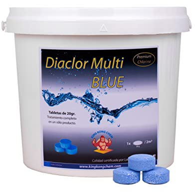 Cloro Piscinas Pequeñas - DIACLOR Multi Blue 5 KG - 250 Pastillas de Cloro Multiacción (Pastilla 20 gr - Diámetro 3 cm - Color Azul) - Tratamiento 5 Acciones - SIN Cobre -