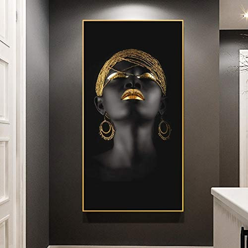 PYROJEWEL Art Africain Femme Noire avec Coiffe dorée peintures sur Toile Art Mural Fille Africaine Affiches Imprime Art Mural Cuadros 60x120 cm sans Cadre…