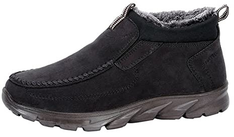 Hotberry Herren Winterschuhe Einfarbig Flache Schuhe Freizeit Runde Zehe Slip-On Halten Warm Schneeschuhe rutschfest Winter Boots Plateau Worker Männer Stiefeletten, Schwarz, 47 EU