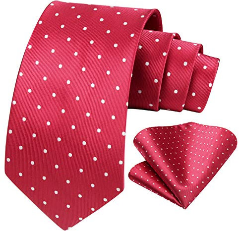 HISDERN Krawatte Rot Herren Krawatten mit Einstecktuch Punkte Krawatte Hochzeit und Taschentuch Set