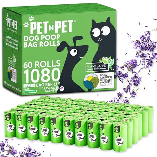 PET N PET 1080 Count Biodegradable Poo Bags Dogs USDA Certified 41 percent Biobased 72 Thick Dog Poop Bags Rolls 9x13 Leak-Proof Green Scented