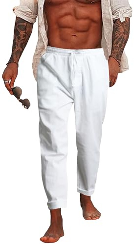 NANAMEEI Leinenhose Herren Sommer Lang Regular Fit Strandhose Yoga Freizeithose Weiß 3XL