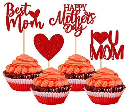 Xsstarmi 24 Pack Happy Mother's Day Cupcake Toppers Glitter Heart Best Mom I Love You Mom Cupcake Picks for Happy Mother's Day Birthday Party Cake Decortions Supplies Red