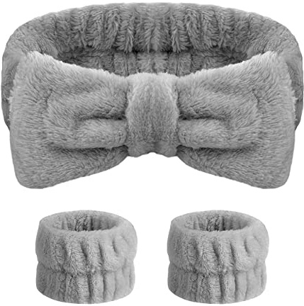 AOMIG Spa pannband för kvinnor, fluffigt pannband för att tvätta ansiktet, elastiska bowknot hårband med 2 delar handledsband, mikrofiber elastiska huvudband för kvinnor och flickor för smink, dusch, sport
