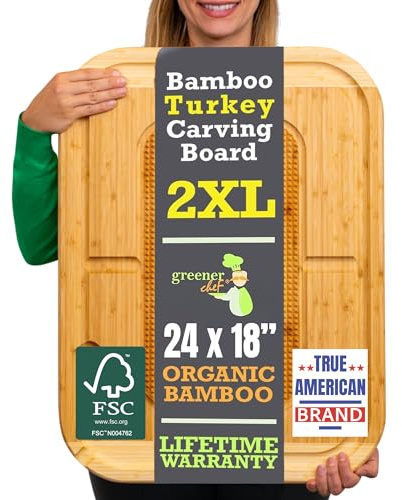 24 Inch Organic Bamboo Extra Large Carving Board with Lifetime Replacements - 2XL Meat Cutting Board and Wooden Butcher Block with Pour Spout, Turkey Platter for Christmas Holiday Essentials
