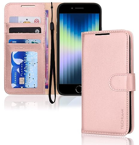 TECHGEAR iPhone SE 2022 5G / 2020, iPhone 8/7/6 Leather Wallet Case, Flip Case Cover, Card Holder, Stand, Wrist Strap - Pink PU Leather, Magnetic Closure for iPhone SE 3 / SE 2 / iPhone 8 7 6 6s 4.7