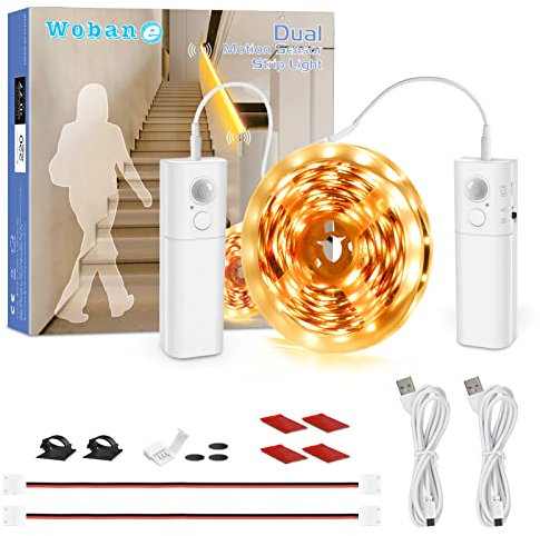 WOBANE Tira LED con doble sensor de movimiento, 5 metros, tiras de luces LED con batería recargable, luz nocturna adhesiva para escaleras, armario, cama, pasillo, blanco cálido 2700 K