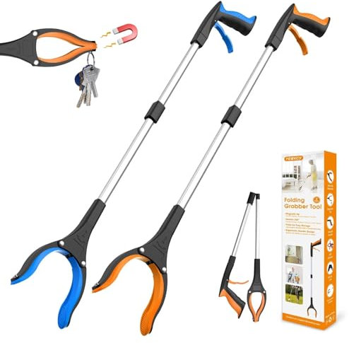 REWKCY Lot de 2 outils de préhension pliables de 81,3 cm avec mâchoire rotative à 360° et aimant, ramasse-déchets légers, robustes