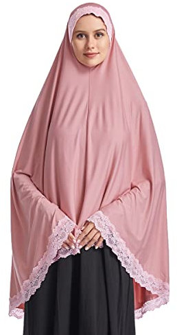 FYMNSI Khimar Lange Hijab Schal Für Muslimische Frauen Einteilige Spitze Kopftuch Bereit Zu Tragen Nicht Durchsichtig Headwear Arabien Islamische Gebet Schals, rose, 46