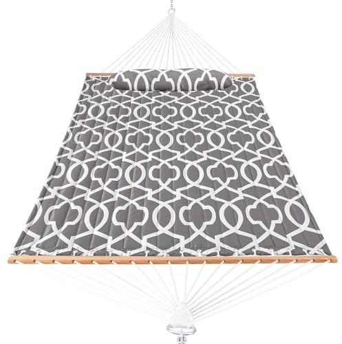 Lazy Daze Hammocks 12FT Quilted Fabric Hammock with Pillow, Double 2 Person Hammock with Spreader Bar for Outdoor Outside Patio Garden Yard HMQF-001GF