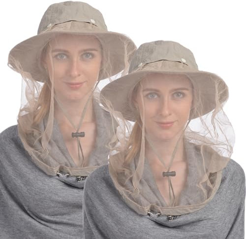 USHAKE Head Net Hat, Safari Hut, Sonnenhut, Fischerhut mit verstecktem Netz, 2er Set, Khaki