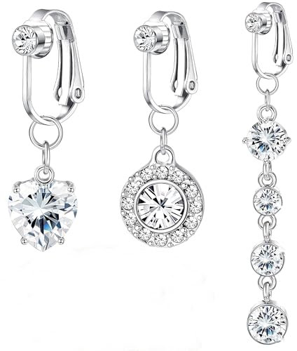 NIUSIMAN 3 pièces Faux piercing nombril Clip Piercing du nombril Long anneau en acier chirurgical pour les femmes Faux piercing du nombril Clip Faux anneaux du nombril Nombril Non Piercing