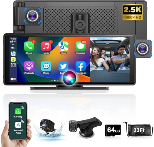 【 Neueste】 10,26 Zoll Apple Carplay Android Auto Display mit Einstellbare 2.5K Dashcam Auto Vorne Hinten Wireless Driveplay mit Rückfahrkamera Autoradio Carplay mit Bluetooth Mirror Link 64G TF