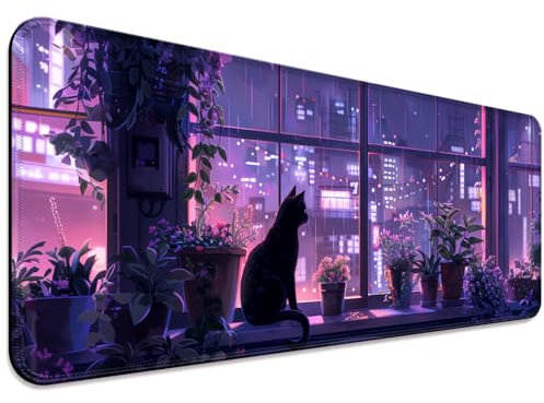 JIANG100 Japanese Anime Cute Cat and Plant Gaming Desk Mat, Computer Keyboard Large Extended Kawaii Animal Mouse Pad for Office and Home, 31.5×11.8 Inches, XL, Purple