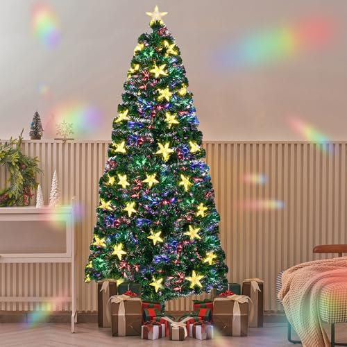 Juegoal Albero di Natale artificiale pre-illuminato da 2,1 m, in fibra ottica illuminata, con grandi stelle bianche calde e luci in fibra ottica che cambiano colore, per feste, casa, vacanze, verde