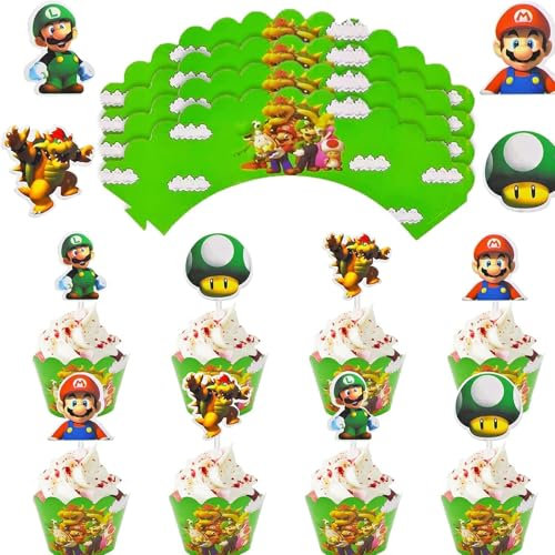 24 Stück Cartoon-Cupcake-Topper, Muffin-Topper, Kuchen-Topper, Kindergeburtstag-Cupcake-Topper für alles Gute zum Geburtstag-Kuchen-Topper (Ma-rio)