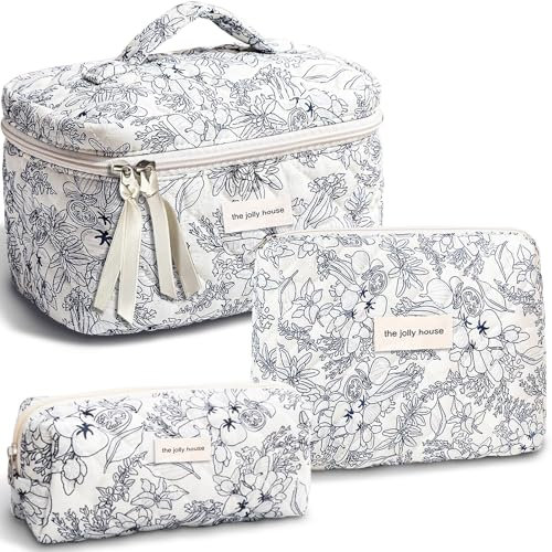 TOPALL Reise Kosmetiktasche Set Damen,Blumen Kosmetiktasche Aesthetic Make Up Bag Tasche Gesteppte Kulturtasche Beauty Case Baumwolle,Cyan Flower(Large+Medium+Pouch)